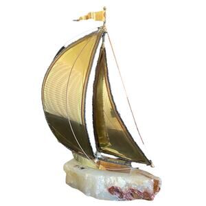 Vintage DeMott Artisan Brass 10" Tall Sailboat on Marble Stand Signed by Artist